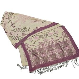 Warrior‎ Designs Scarf Shawl Wrap Beige Purple Floral Pattern Fringed